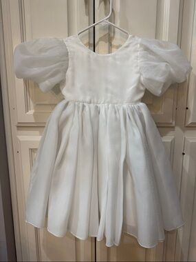 White Puff Sleeve Flower Girl Dress